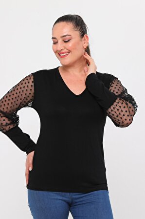 Kadın Büyük Beden Kol Transparan Ve Puantiye Desenli Siyah Bluz