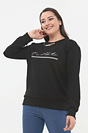 Kadın Büyük Beden Yaka Zincir Detaylı Yazılı Siyah Sweatshirt