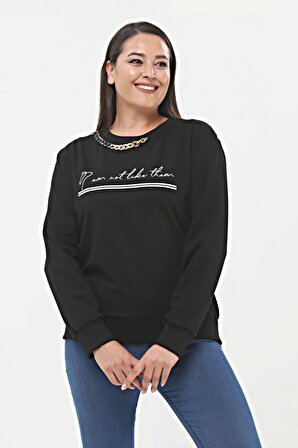 Kadın Büyük Beden Yaka Zincir Detaylı Yazılı Siyah Sweatshirt