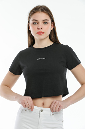 SPR21Y14 Crop Örme Brookyn Baskılı T-Shirt