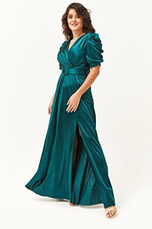 Kadın Büyük Beden Kemer Aksesuarlı Saten Uzun Yeşil Abiye & Gece Elbisesi