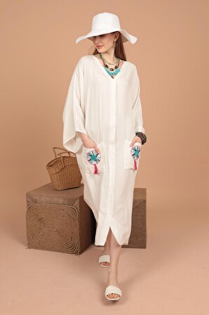 Arkası Nakışlı Detaylı ve Önü Düğmeli Viskon Kumaşlı Geniş Kollu Uzun Kadın Elbise Beyaz Yaz /Bahar