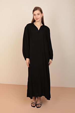 Gömlek Yakalı Viskon Kumaşlı Uzun Boylu ve Uzun Kollu Stndart Kadın Elbise Siyah Yaz / Bahar 
