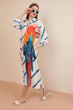 Papağan Desenli Gömlek Yakalı ve Uzun Kollu Viskon Kumaşlı Kadın Elbise  Saks Yaz / Bahar 