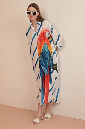 Papağan Desenli Gömlek Yakalı ve Uzun Kollu Viskon Kumaşlı Kadın Elbise  Saks Yaz / Bahar 