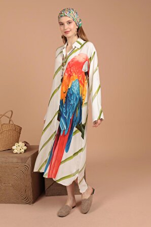 Papağan Desenli Gömlek Yakalı ve Uzun Kollu Viskon Kumaşlı Kadın Elbise Haki Yaz / Bahar 