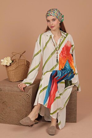 Papağan Desenli Gömlek Yakalı ve Uzun Kollu Viskon Kumaşlı Kadın Elbise Haki Yaz / Bahar 