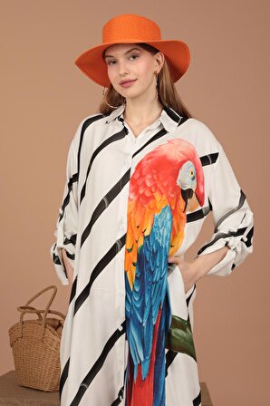 Papağan Desenli Gömlek Yakalı ve Uzun Kollu Viskon Kumaşlı Kadın Elbise Siyah  Yaz / Bahar 