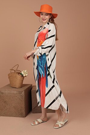 Papağan Desenli Gömlek Yakalı ve Uzun Kollu Viskon Kumaşlı Kadın Elbise Siyah  Yaz / Bahar 