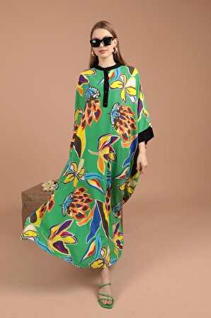 Çiçek Desenli ve Empirme Kumaşlı Hakim Yakalı Viskon Kadın Elbise Salaş Yeşil Yaz / Bahar