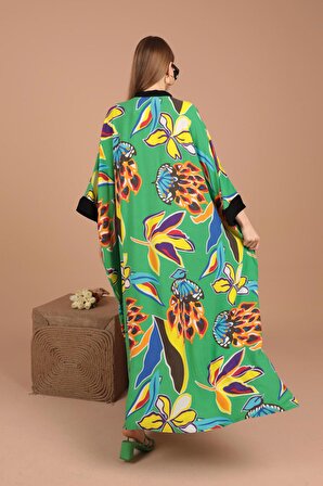 Çiçek Desenli ve Empirme Kumaşlı Hakim Yakalı Viskon Kadın Elbise Salaş Yeşil Yaz / Bahar