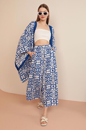 Şal Yakalı ve Geniş / Yarasa Kollu Empirme Viskon Kumaşlı Kadın Bol Kimono Takım (2 Parça) Saks