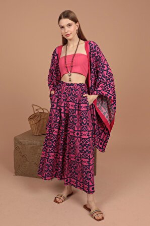 Şal Yakalı ve Geniş / Yarasa Kollu Empirme Viskon Kumaşlı Kadın Bol Kimono Takım (2 Parça) Fuşya