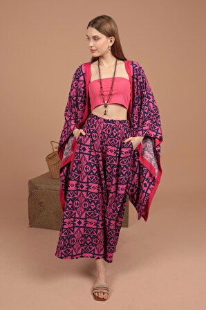 Şal Yakalı ve Geniş / Yarasa Kollu Empirme Viskon Kumaşlı Kadın Bol Kimono Takım (2 Parça) Fuşya