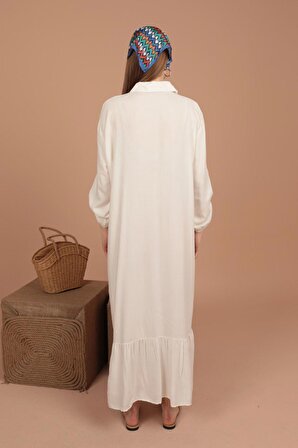 Önü Nazar Boncuk Nakışlı Geniş Kollu Gömlek Yakalı Viskon Kumaşlı Kadın Elbise Ekru Yaz / Bahar 