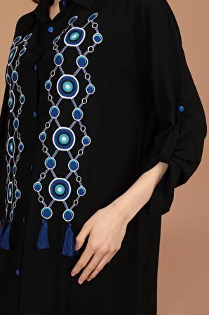 Önü Nazar Boncuk Nakışlı Geniş Kollu Gömlek Yakalı Viskon Kumaşlı Kadın Elbise Siyah Yaz / Bahar