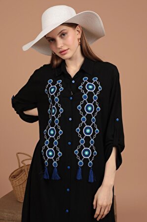 Önü Nazar Boncuk Nakışlı Geniş Kollu Gömlek Yakalı Viskon Kumaşlı Kadın Elbise Siyah Yaz / Bahar