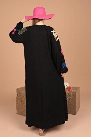 Aplike Kuş Nakış Detaylı Hakim Yakalı Bol Kalıplı Viskon Kumaşlı Kadın Elbise Siyah Yaz / Bahar