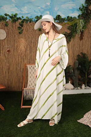Sırtı Papağan Desenli V Yakalı Viskon Kumaşlı Geniş Kollu Salaş Kadın Elbise Yağ Yeşili Yaz / Bahar