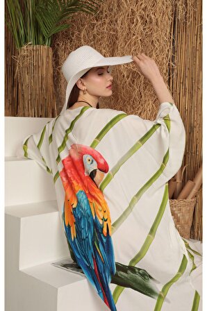 Sırtı Papağan Desenli V Yakalı Viskon Kumaşlı Geniş Kollu Salaş Kadın Elbise Yağ Yeşili Yaz / Bahar