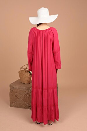 Dantel Espirili ve Kolları Lastikli Viskon Kumaşlı Oversize / Salaş Kadın Elbise Fuşya Yaz / Bahar