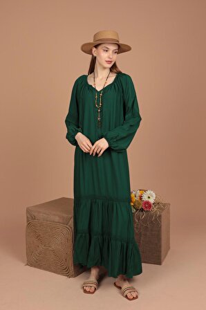 Dantel Espirili ve Kolları Lastikli Viskon Kumaşlı  Oversize / Salaş Kadın Elbise Yeşil Yaz / Bahar