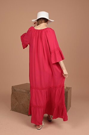 Dantel Espirili V Yakalı ve Uzun Boylu Rahat / Bol Viskon Kumaşlı Kadın Elbise Fuşya Yaz Bahar