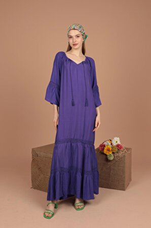 Dantel Espirili V Yakalı ve Uzun Boylu Rahat / Bol Viskon Kumaşlı Kadın Elbise Mor Yaz Bahar