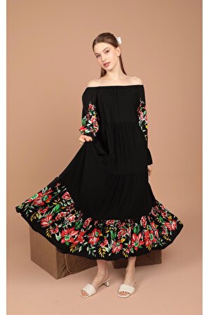 Çiçek Baskılı Madonna Yakalı ve Uzun Kollu Viskon Kumaşlı Düz Kalıplı Kadın Elbise Siyah Yaz /Bahar