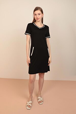 Şerit Desenli V Yakalı ve Dar Kalıplı Cepli Viskon Örme Kumaşlı Kadın Spor Elbise Siyah Yaz / Bahar