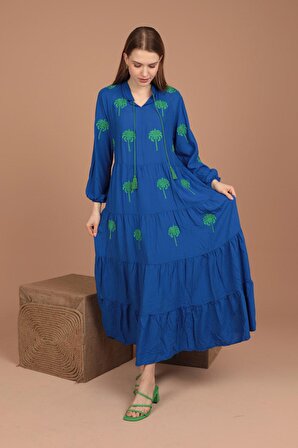Önü Palmiye Nakışlı Detaylı Uzun Kollu Uzun Boylu Viskon Kumaşlı Kadın Elbise Saks  Yaz / Bahar