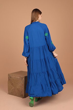 Önü Palmiye Nakışlı Detaylı Uzun Kollu Uzun Boylu Viskon Kumaşlı Kadın Elbise Saks  Yaz / Bahar