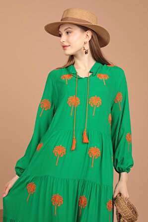 Önü Palmiye Nakışlı Detaylı Uzun Kollu Uzun Boylu Viskon Kumaşlı Kadın Elbise Yeşil Yaz / Bahar