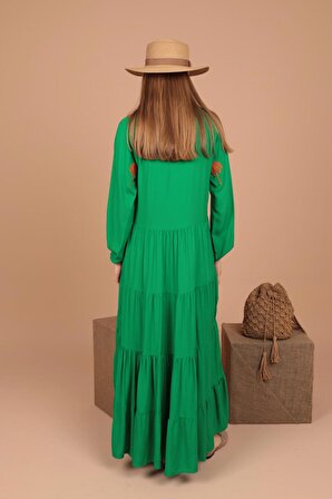 Önü Palmiye Nakışlı Detaylı Uzun Kollu Uzun Boylu Viskon Kumaşlı Kadın Elbise Yeşil Yaz / Bahar