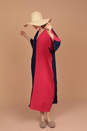 Önü ve Sırtı Yaprak Nakışlı Detaylı Çift Renkli Viskon Kumaşlı Düğmeli Kadın Elbise Lacivert Yaz