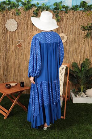 Puantiye Desen Detaylı  O Yakalı Uzun Kollu Düz Kalıplı Viskon Kumaşlı Kadın Elbise Saks Yaz/Bahar 