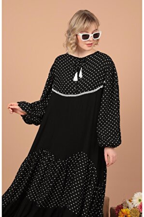 Puantiye Desen Detaylı  O Yakalı Uzun Kollu Düz Kalıplı Viskon Kumaşlı Kadın Elbise Siyah Yaz/Bahar