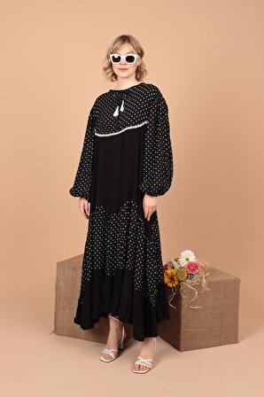 Puantiye Desen Detaylı  O Yakalı Uzun Kollu Düz Kalıplı Viskon Kumaşlı Kadın Elbise Siyah Yaz/Bahar