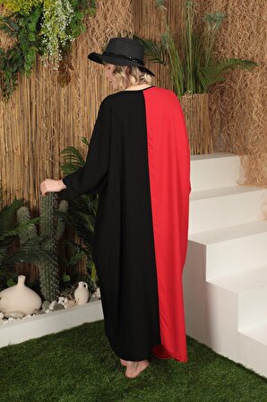 Kumaş Garnili Nakış Detaylı V Yakalı Geniş Kollu Viskon Kumaşlı Kadın Elbise Kırmızı Yaz / Bahar
