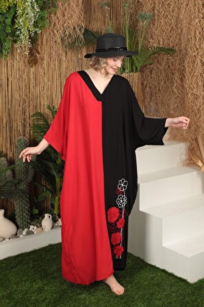 Kumaş Garnili Nakış Detaylı V Yakalı Geniş Kollu Viskon Kumaşlı Kadın Elbise Kırmızı Yaz / Bahar