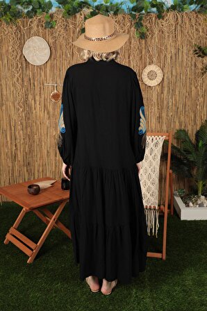 Ön Robası ve Kolları Nakış Detaylı Uzun Kollu Viskon Kumaşlı Rahat Kadın Elbise Siyah Yaz / Bahar