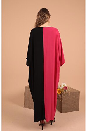 Kumaş Garnili Nakış Detaylı V Yakalı Geniş Kollu Viskon Kumaşlı Kadın Elbise Fuşya Yaz / Bahar