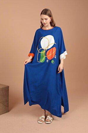 Önü Baskı Detaylı Uzun Kollu Viskon Kumaşlı Salaş / Oversize Kadın Elbise Saks Mavi Yaz / Bahar 