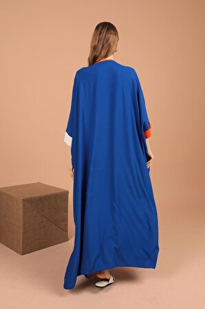 Önü Baskı Detaylı Uzun Kollu Viskon Kumaşlı Salaş / Oversize Kadın Elbise Saks Mavi Yaz / Bahar 