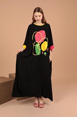 Önü Baskı Detaylı Uzun Kollu Viskon Kumaşlı Salaş / Oversize Kadın Elbise Siyah Yaz / Bahar 