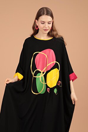 Önü Baskı Detaylı Uzun Kollu Viskon Kumaşlı Salaş / Oversize Kadın Elbise Siyah Yaz / Bahar 