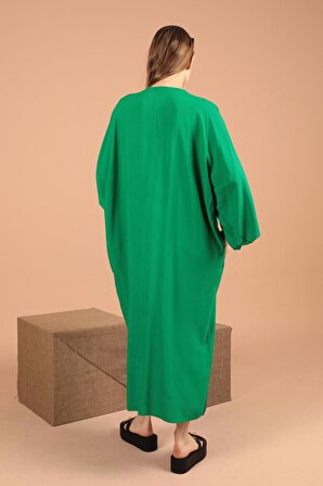 Pano Baskılı V Yakalı ve Uzun Kollu Viskon Kumaşlı Bol / Oversize Kadın Elbise Yeşil Yaz / Bahar