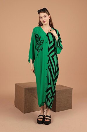 Pano Baskılı V Yakalı ve Uzun Kollu Viskon Kumaşlı Bol / Oversize Kadın Elbise Yeşil Yaz / Bahar