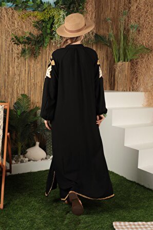 Önü ve Kolları Büyük Nakış Detaylı Bol Kalıplı/Oversize Viskon Kumaşlı Kadın Elbise Siyah Yaz/Bahar