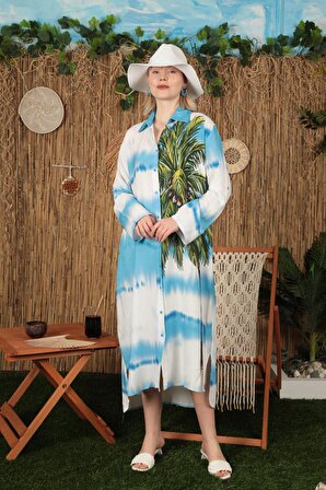 Dijital Baskı Detaylı ve Uzun Kollu Gömlek Yakalı Viskon Kumaşlı Kadın Elbise Mavi Yaz / Bahar